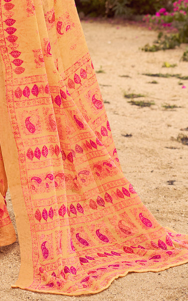 Floral Print Daily Wear Chiffon Saree (Mustard & Yellow)