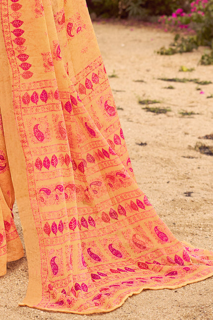 Floral Print Daily Wear Chiffon Saree (Mustard & Yellow)