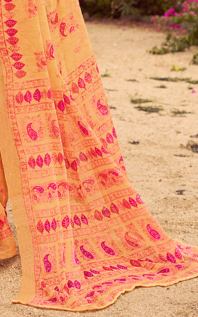 Floral Print Daily Wear Chiffon Saree (Orange)