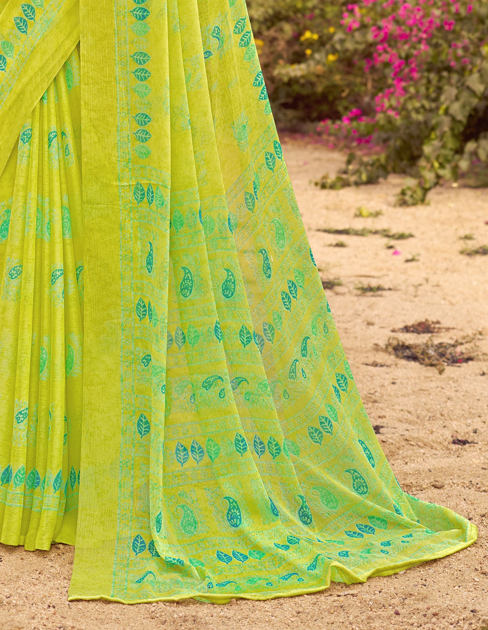 Floral Print Daily Wear Chiffon Saree (Lime Green)