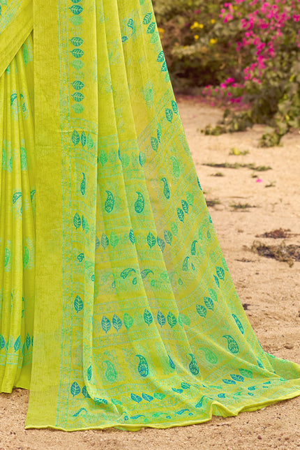 Floral Print Daily Wear Chiffon Saree (Yellow & Green)