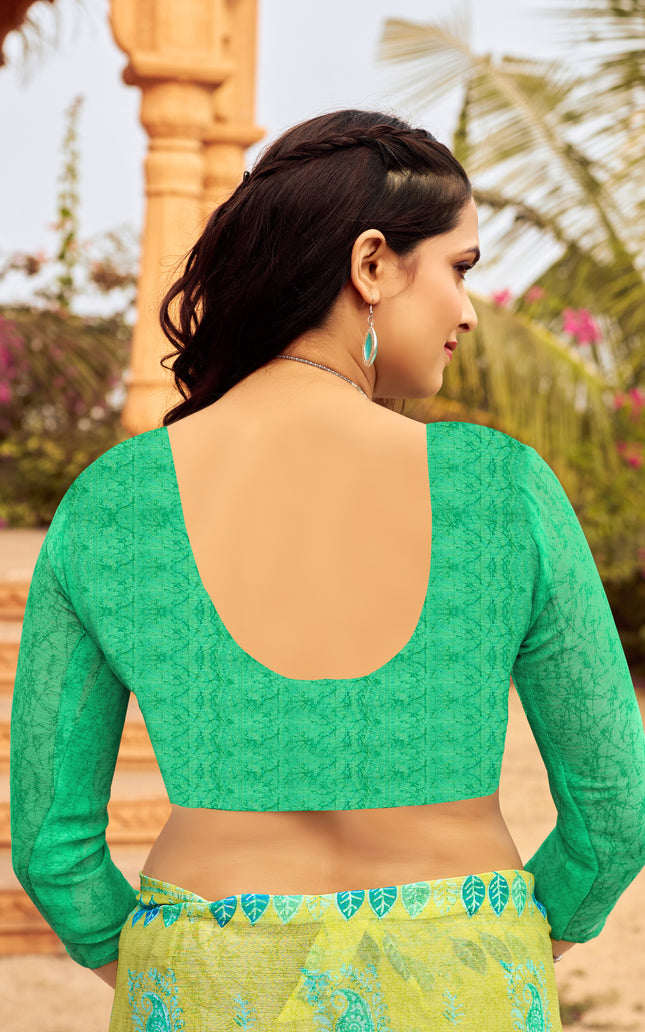 Floral Print Daily Wear Chiffon Saree (Yellow & Green)