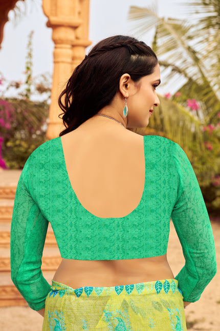 Floral Print Daily Wear Chiffon Saree (Yellow & Green)
