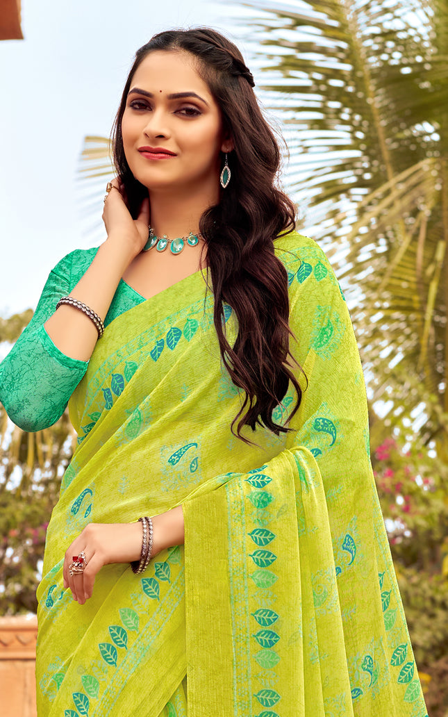 Floral Print Daily Wear Chiffon Saree (Yellow & Green)