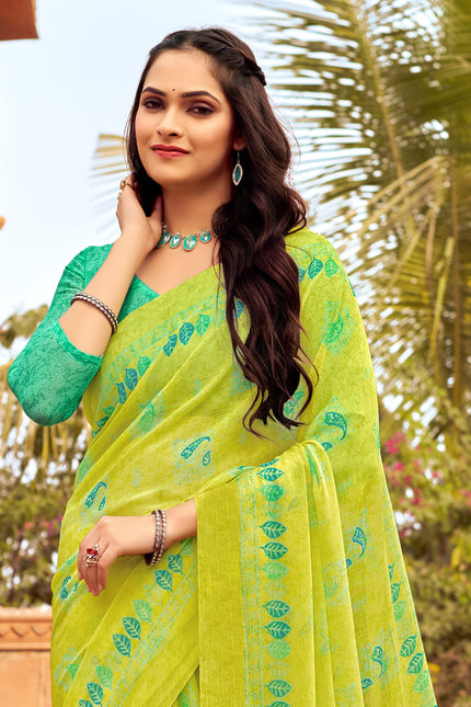 Floral Print Daily Wear Chiffon Saree (Yellow & Green)