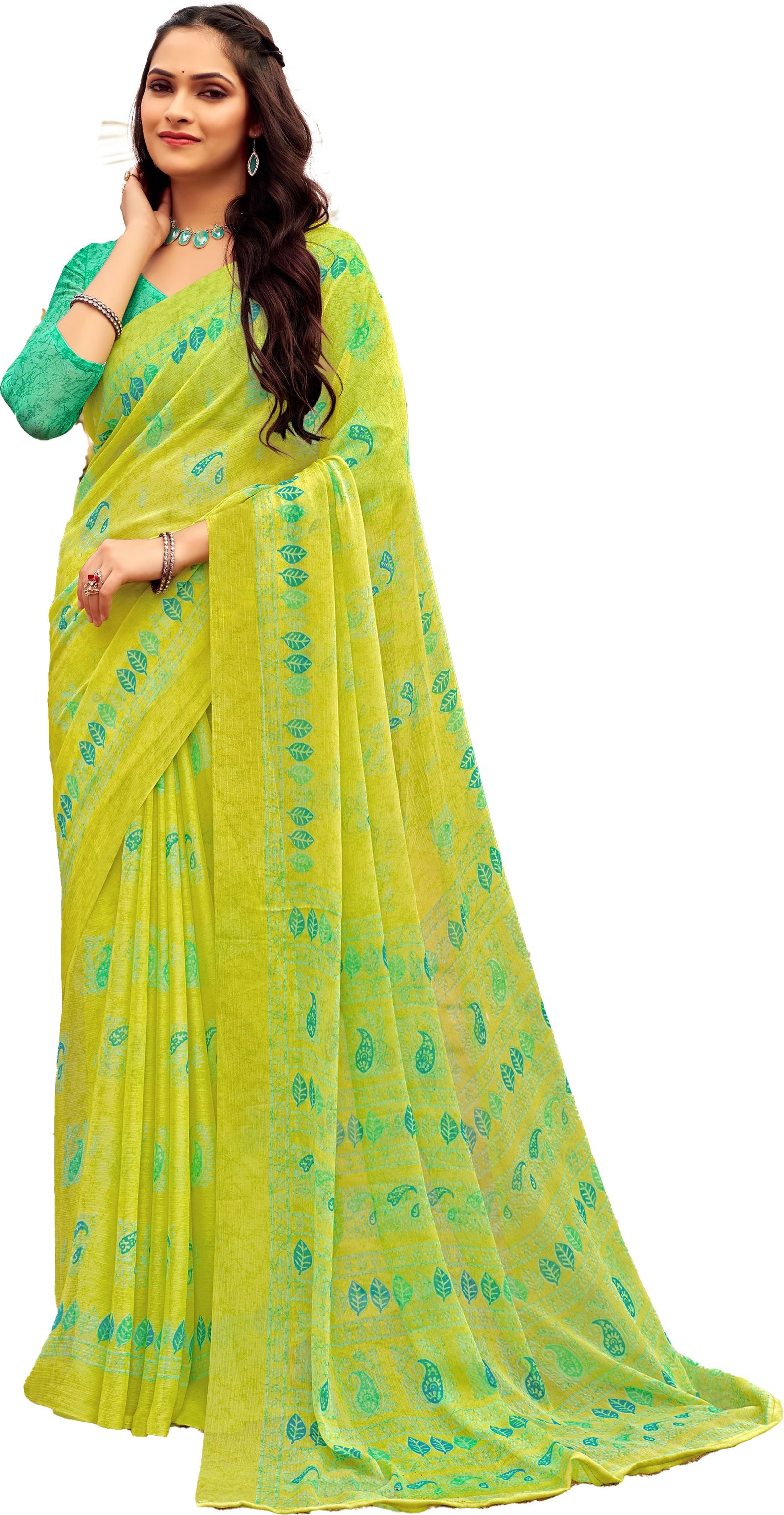 Floral Print Daily Wear Chiffon Saree (Lime Green)