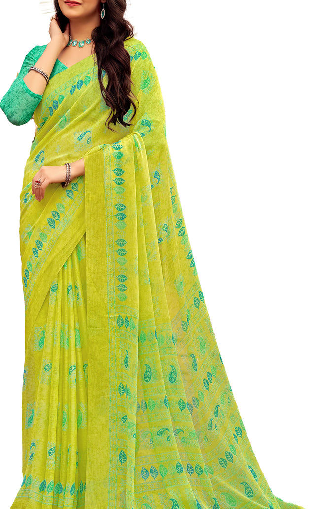 Floral Print Daily Wear Chiffon Saree (Yellow & Green)