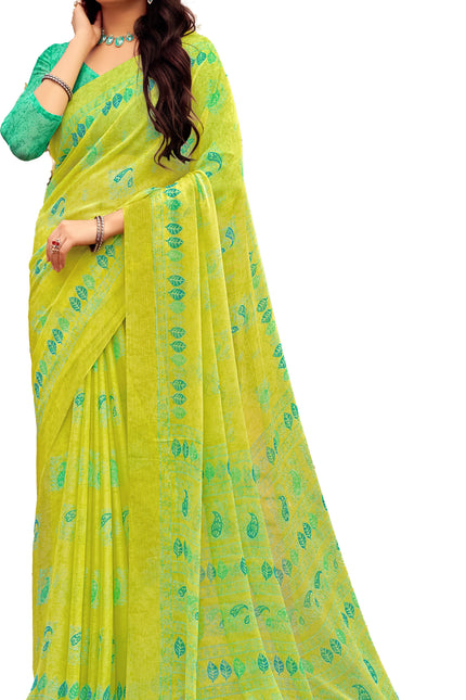 Floral Print Daily Wear Chiffon Saree (Yellow & Green)