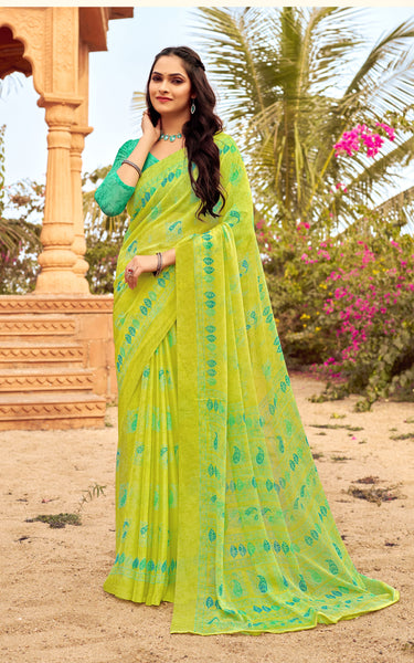 Floral Print Daily Wear Chiffon Saree (Orange)