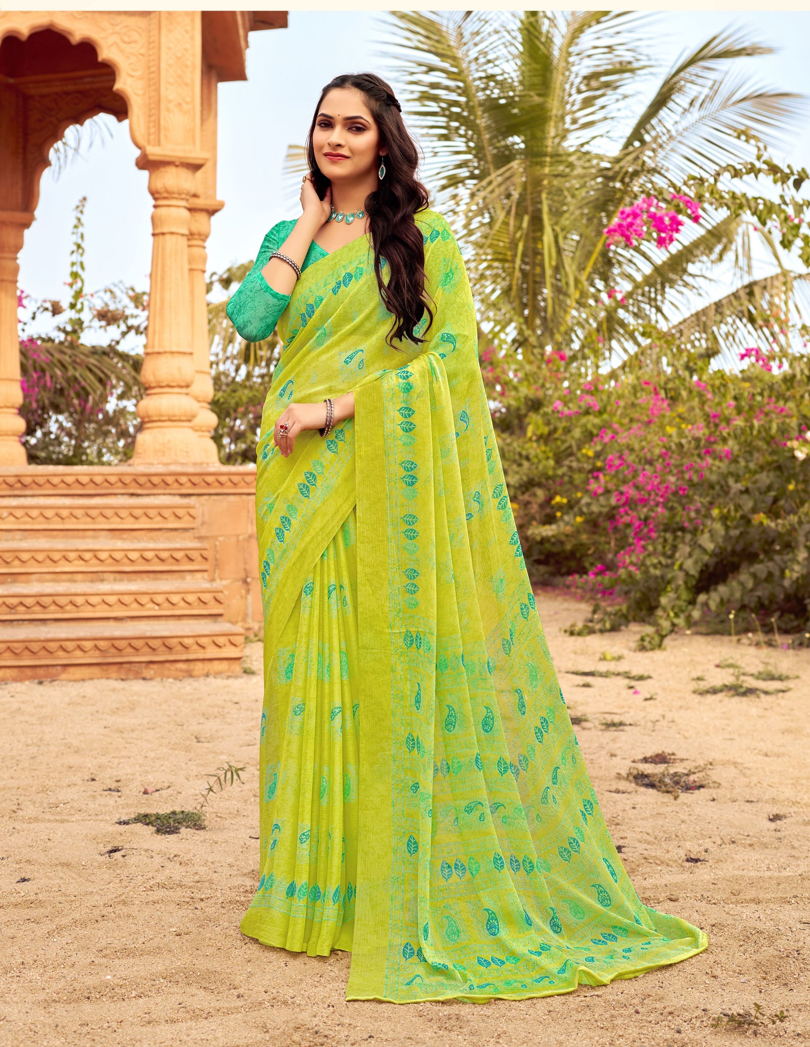 Floral Print Daily Wear Chiffon Saree (Lime Green)