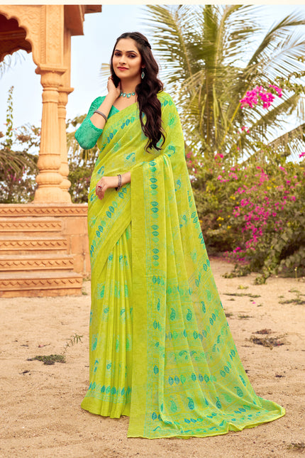 Floral Print Daily Wear Chiffon Saree (Yellow & Green)