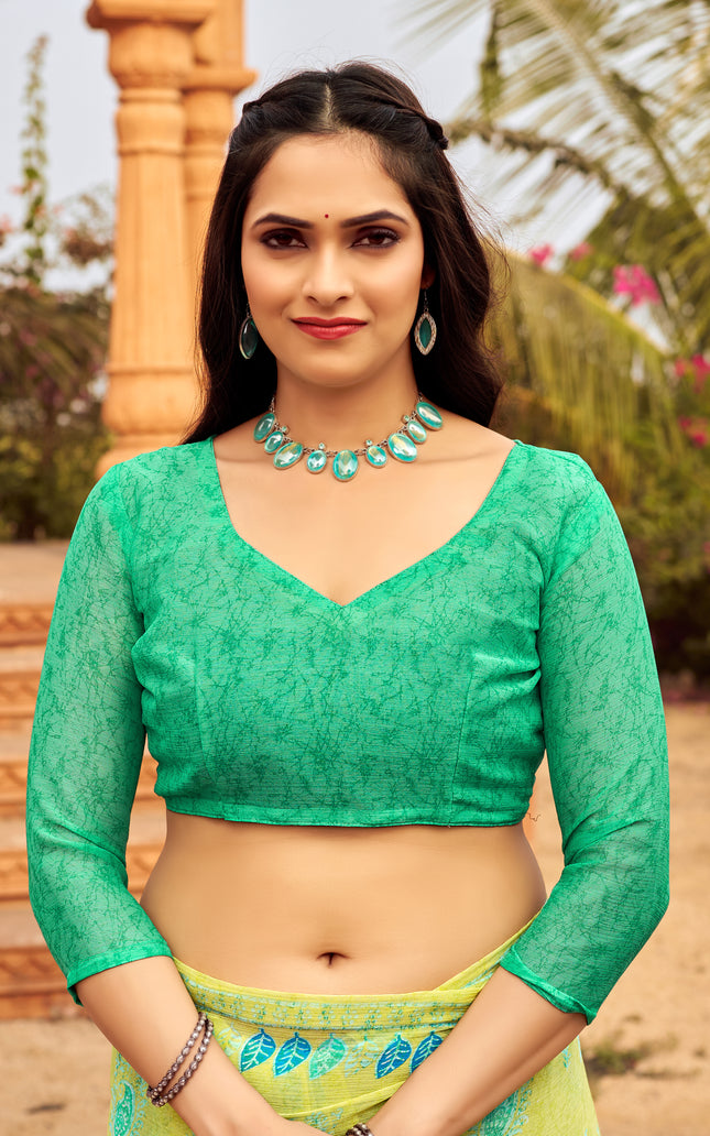 Floral Print Daily Wear Chiffon Saree (Yellow & Green)