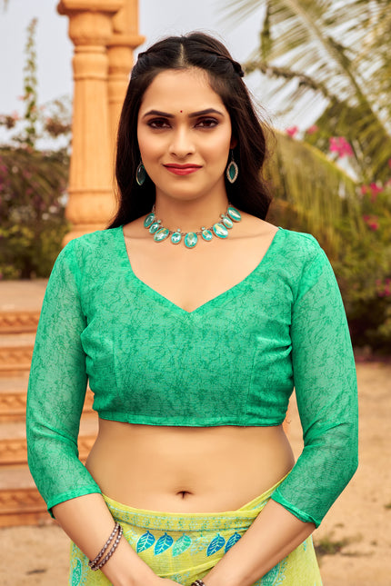 Floral Print Daily Wear Chiffon Saree (Yellow & Green)