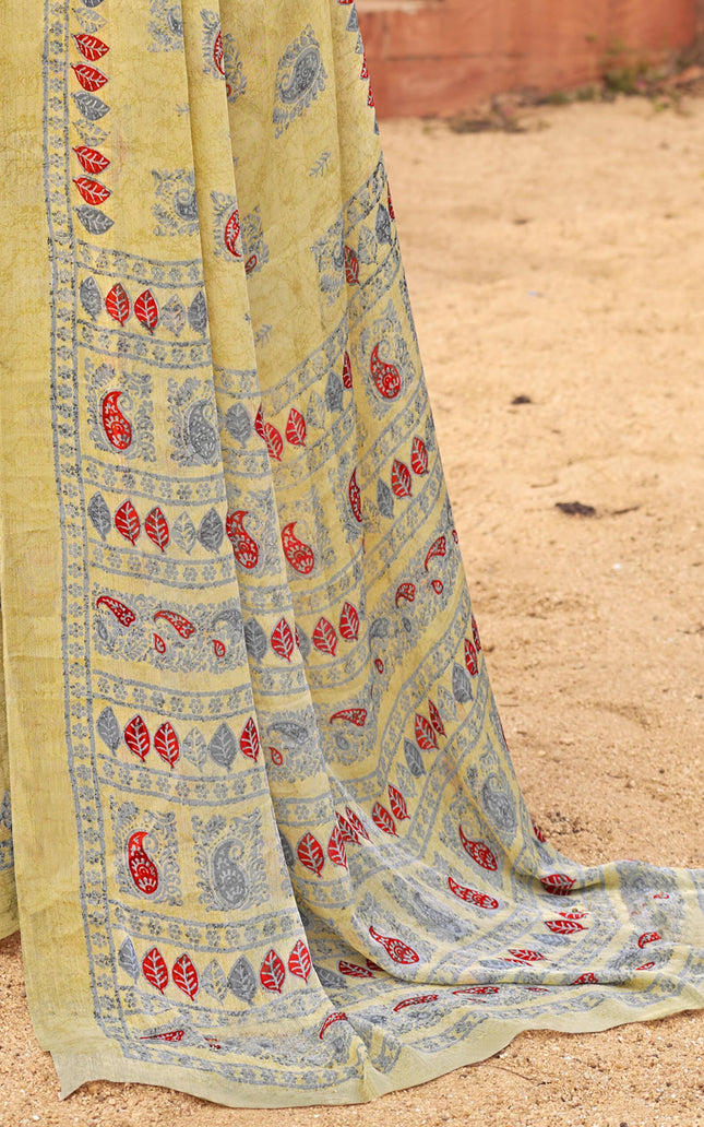 Floral Print Daily Wear Chiffon Saree (Honey & Red)