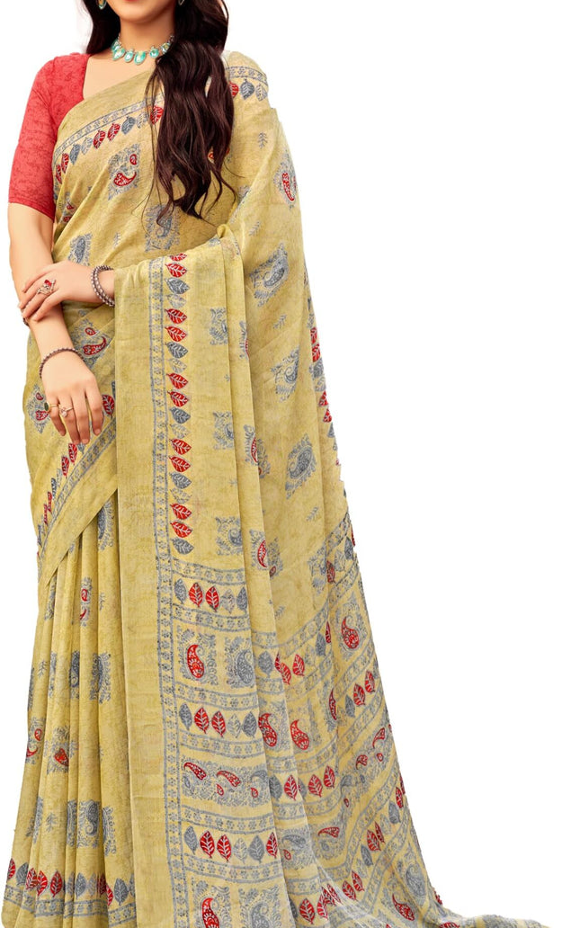 Floral Print Daily Wear Chiffon Saree (Honey & Red)