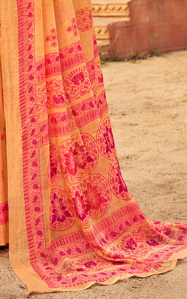Floral Print Daily Wear Chiffon Saree (Orange)