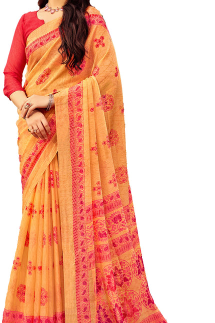 Floral Print Daily Wear Chiffon Saree (Orange)
