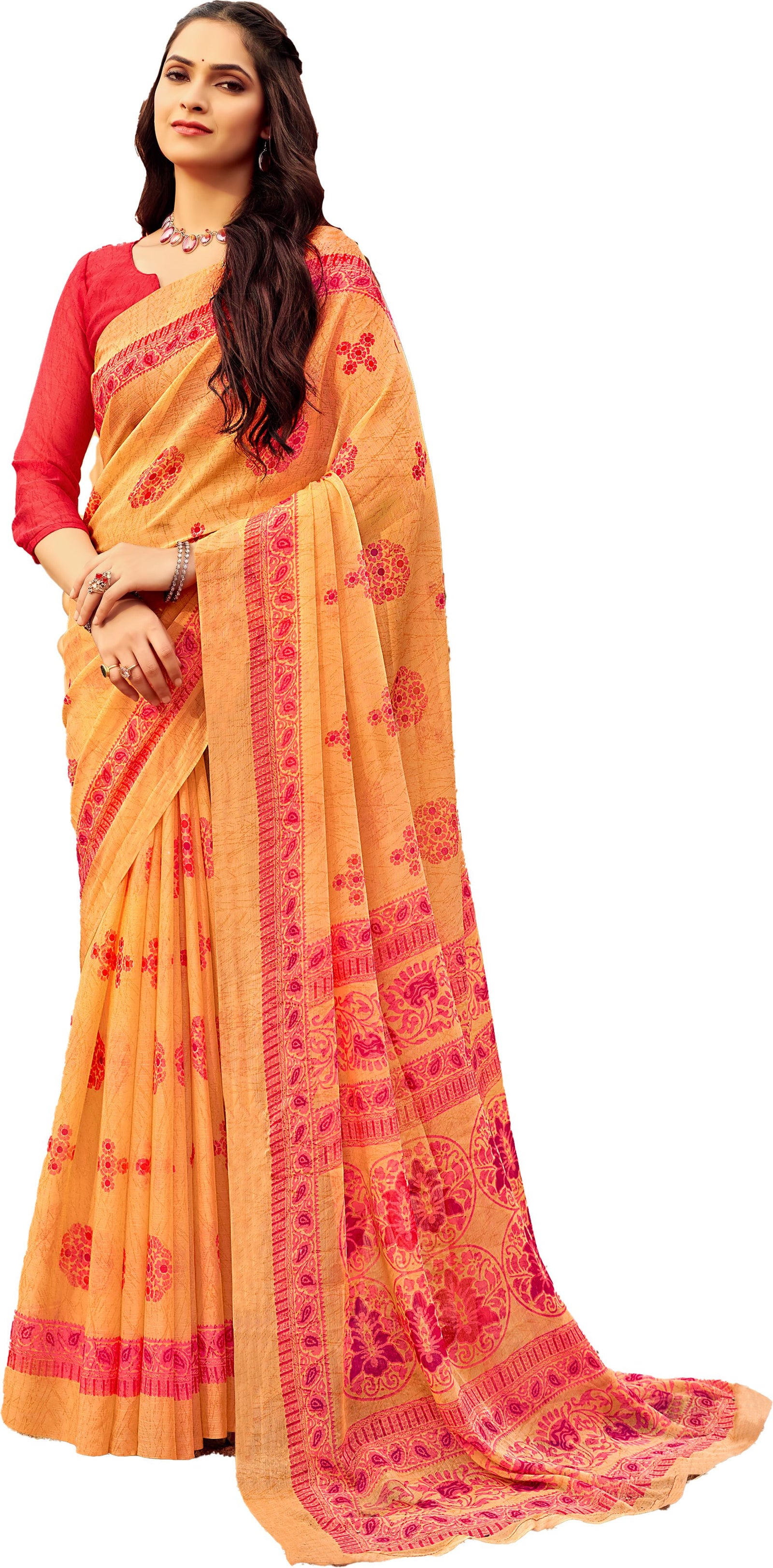 Floral Print Daily Wear Chiffon Saree (Peach Orange)