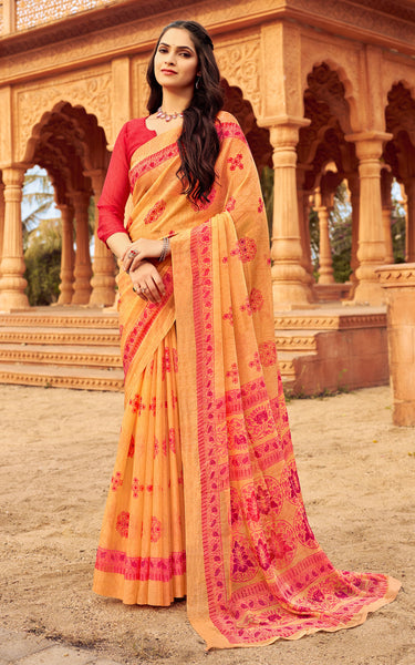 Floral Print Daily Wear Chiffon Saree (Orange)