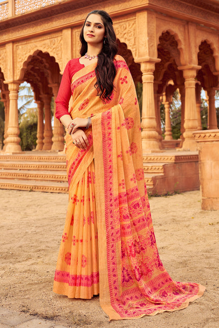 Floral Print Daily Wear Chiffon Saree (Orange)