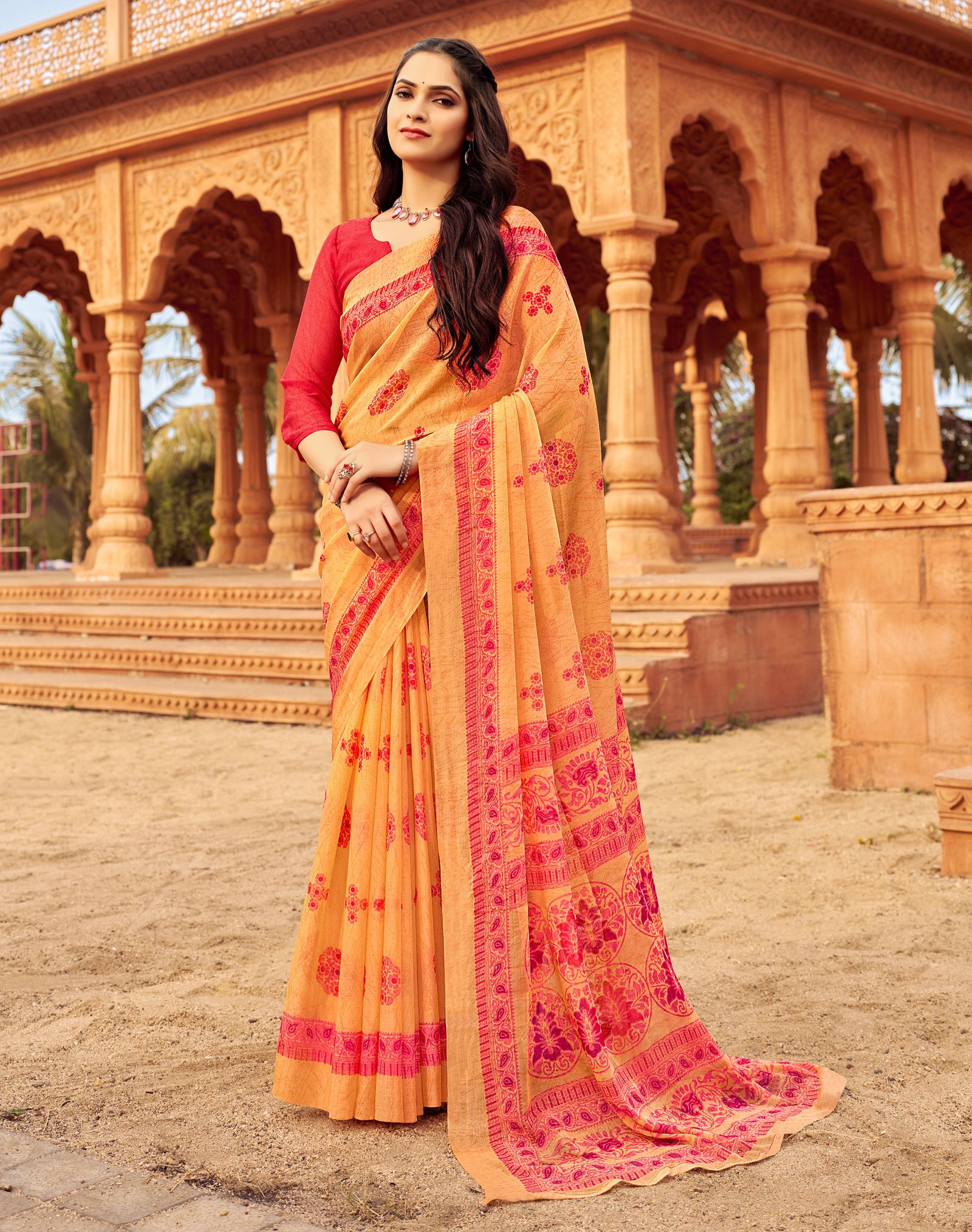 Floral Print Daily Wear Chiffon Saree (Peach Orange)