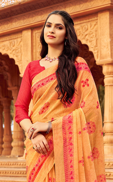 Floral Print Daily Wear Chiffon Saree (Orange)