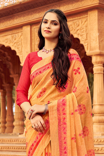Floral Print Daily Wear Chiffon Saree (Orange)