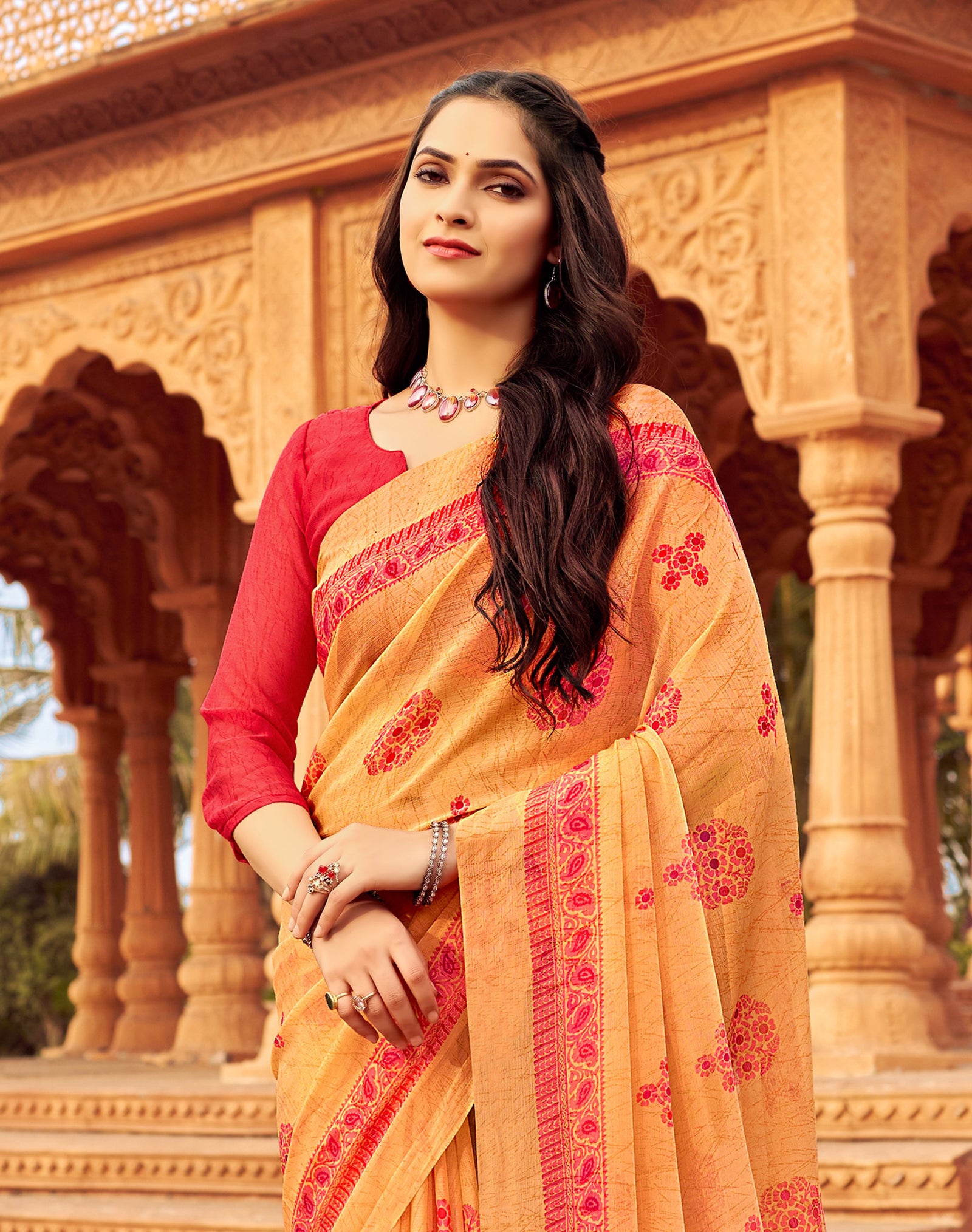 Floral Print Daily Wear Chiffon Saree (Peach Orange)