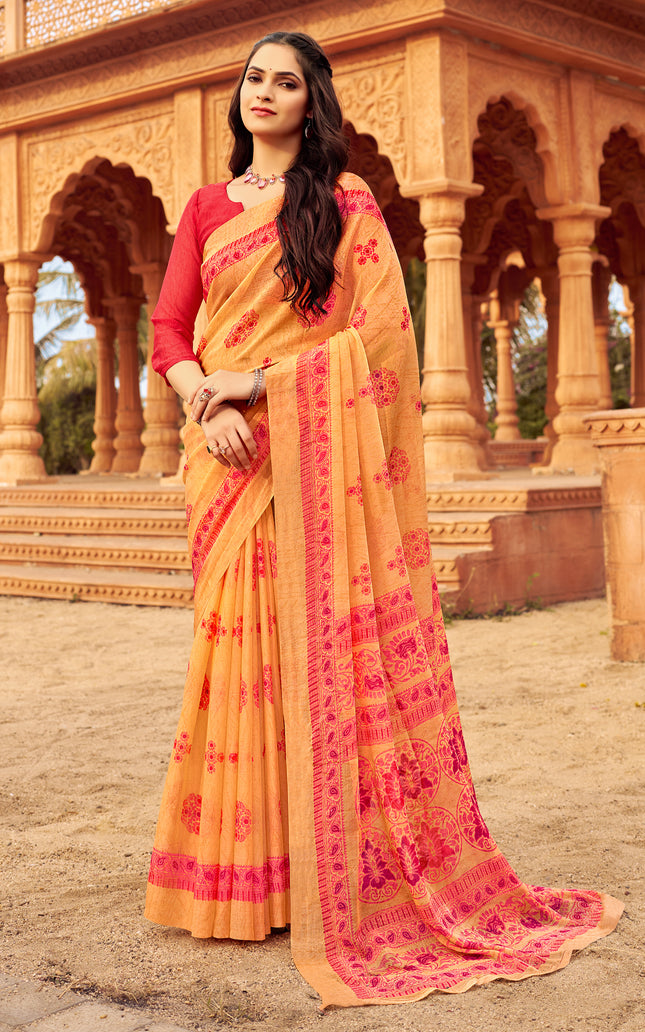 Floral Print Daily Wear Chiffon Saree (Orange)