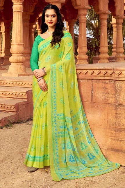 Floral Print Daily Wear Chiffon Saree (Green)