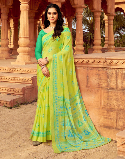 Floral Print Daily Wear Chiffon Saree (Neon Green)