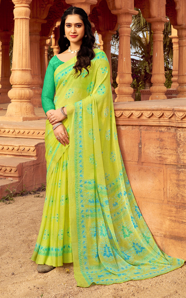 Floral Print Daily Wear Chiffon Saree (Green & Yellow)