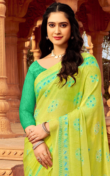 Floral Print Daily Wear Chiffon Saree (Green)