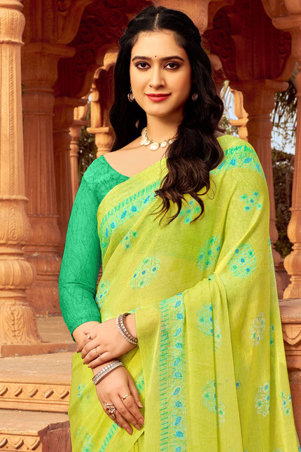 Floral Print Daily Wear Chiffon Saree (Green)