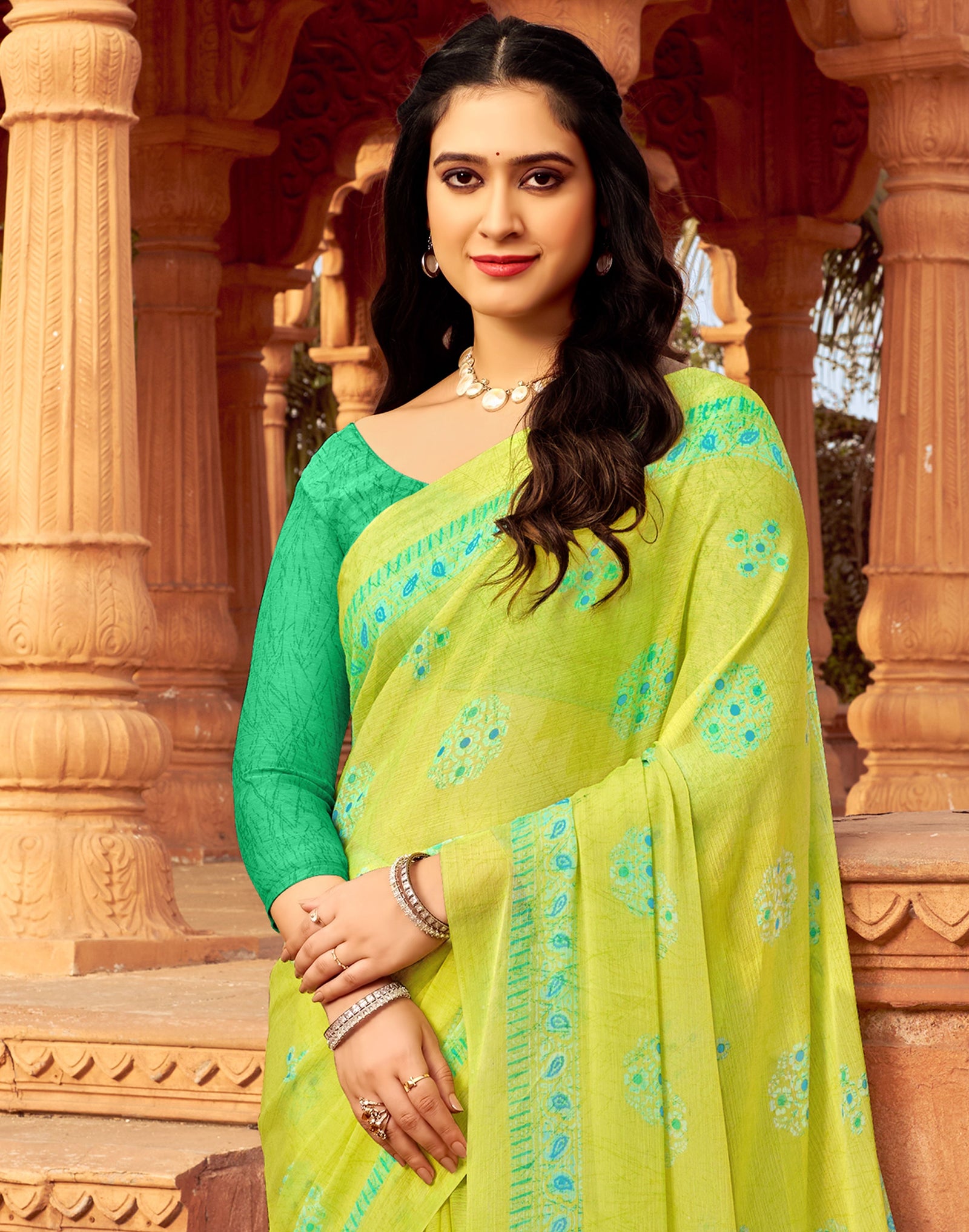 Floral Print Daily Wear Chiffon Saree (Neon Green)
