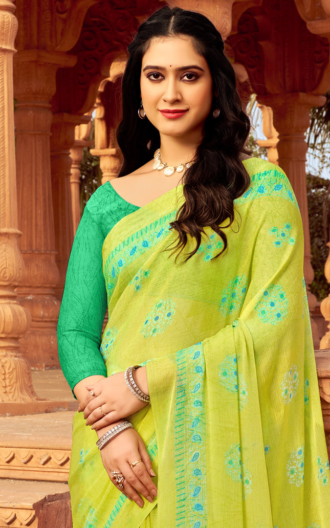 Floral Print Daily Wear Chiffon Saree (Green & Yellow)