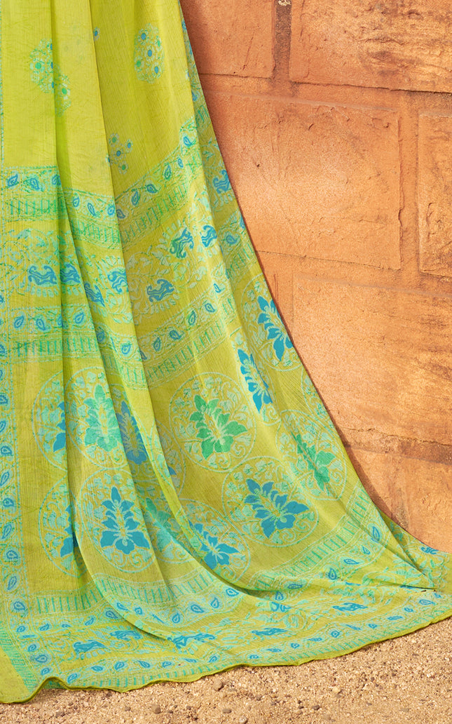 Floral Print Daily Wear Chiffon Saree (Green & Yellow)