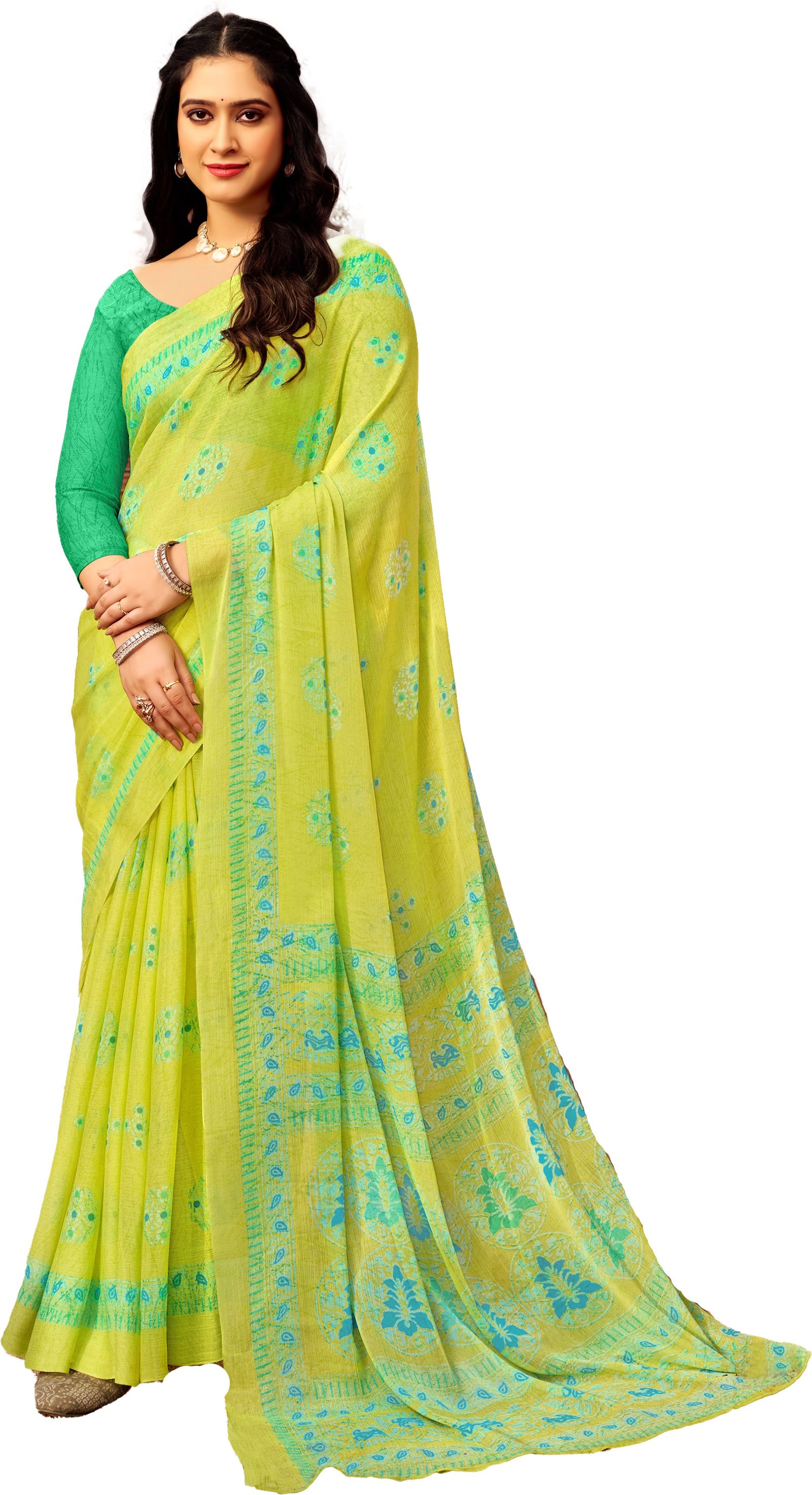 Floral Print Daily Wear Chiffon Saree (Neon Green)
