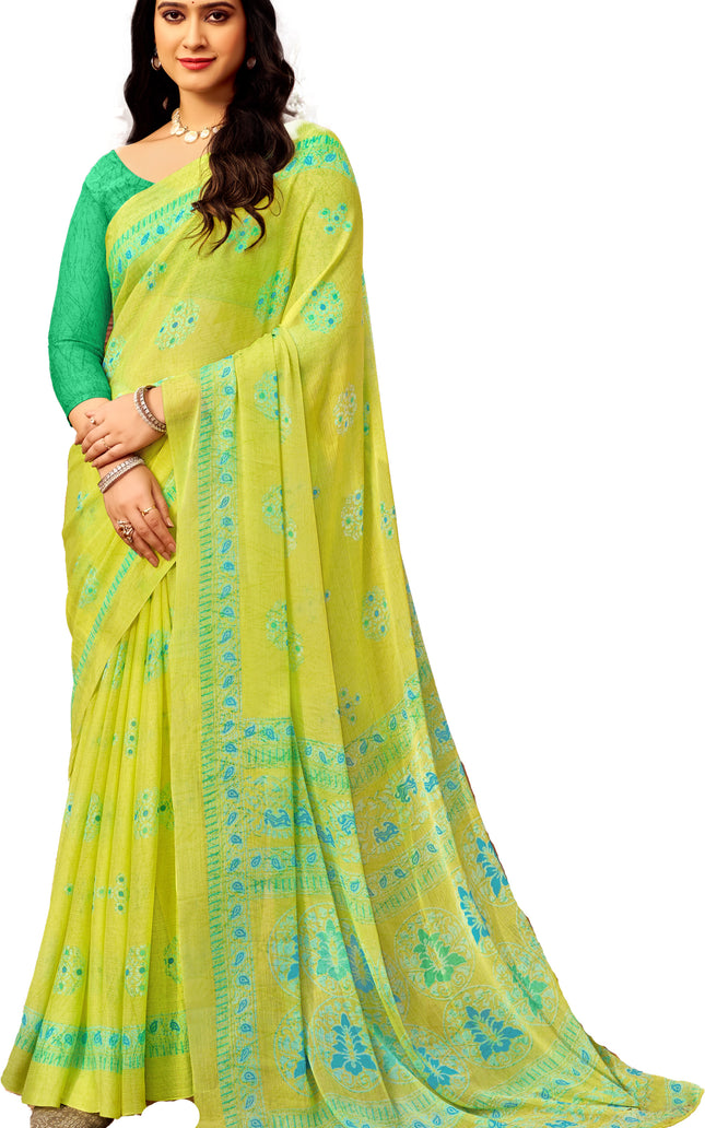 Floral Print Daily Wear Chiffon Saree (Green & Yellow)
