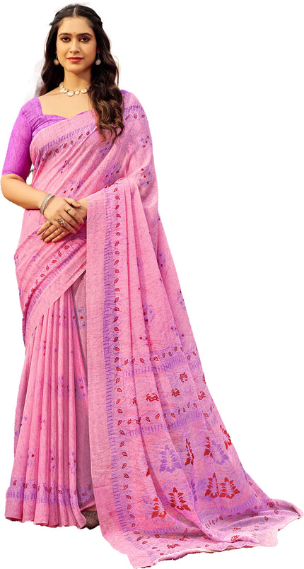 Floral Print Daily Wear Chiffon Saree (Honey & Red)
