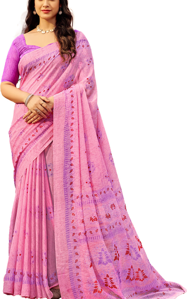 Floral Print Daily Wear Chiffon Saree (Candy Pink)