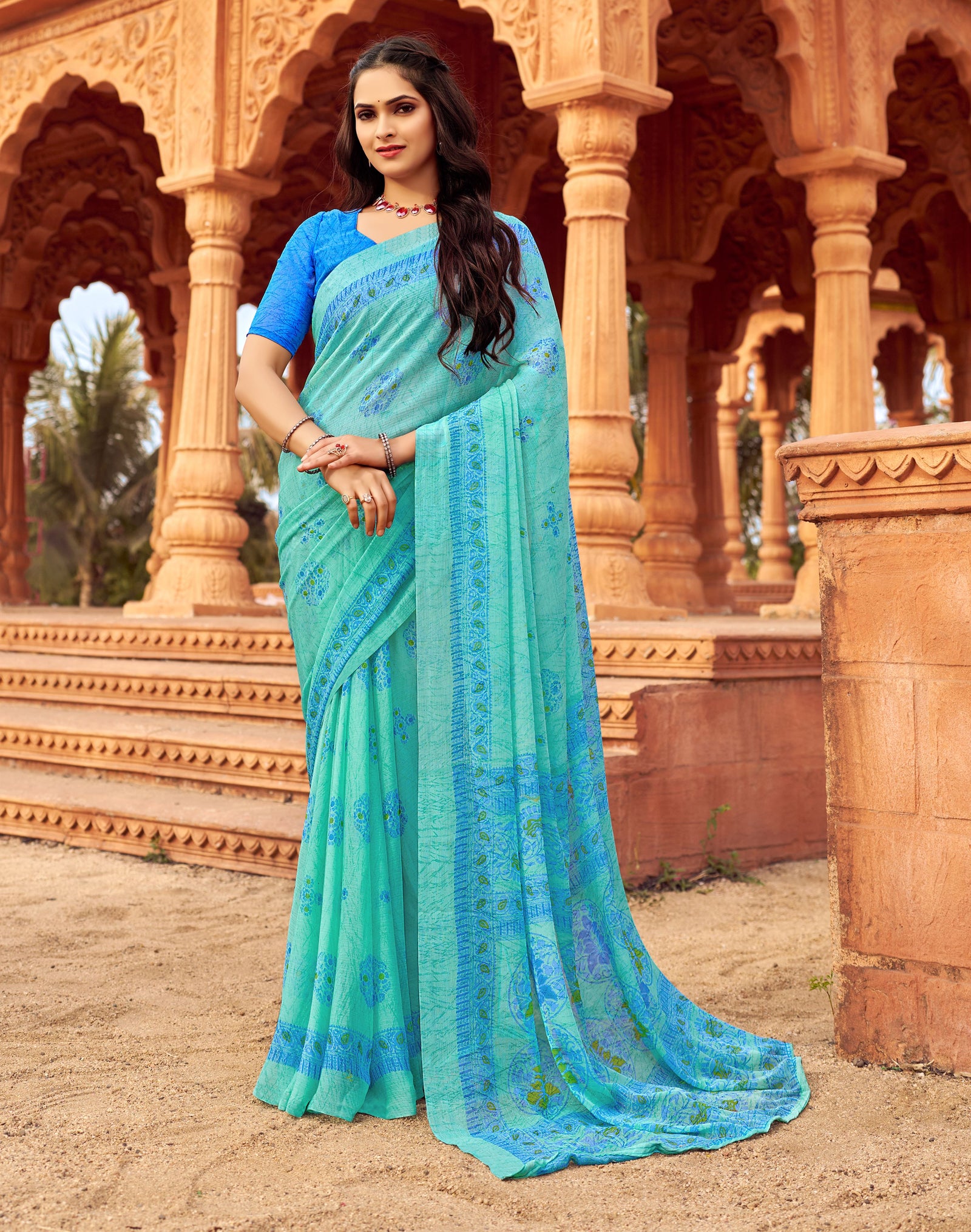 Floral Print Daily Wear Chiffon Saree (Sky Blue)