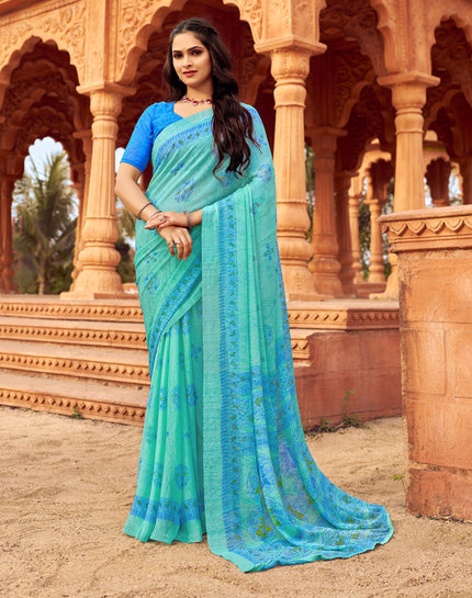 Floral Print Daily Wear Chiffon Saree (Sky Blue)