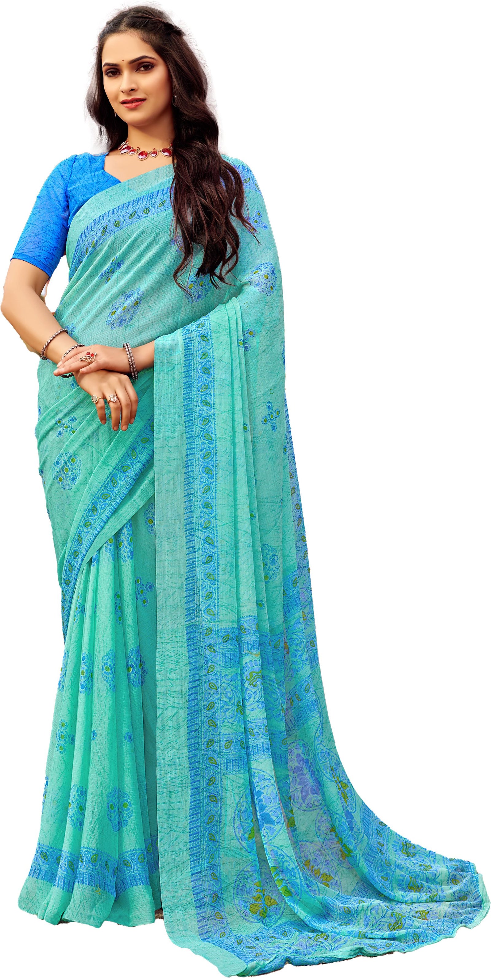 Floral Print Daily Wear Chiffon Saree (Sky Blue)