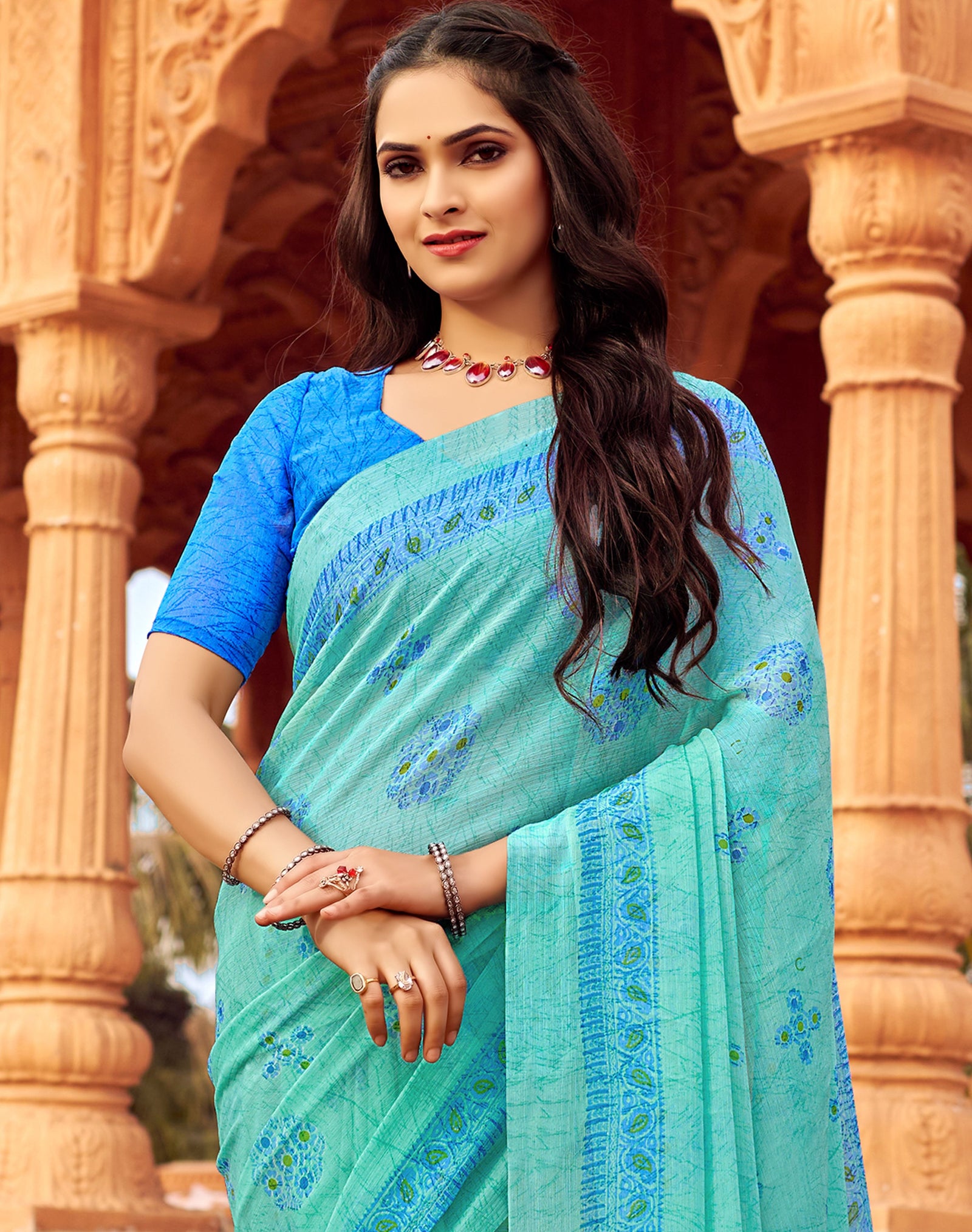 Floral Print Daily Wear Chiffon Saree (Sky Blue)