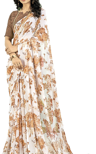 Contrast Flower Printed, Chiffon Saree (White & Blue)