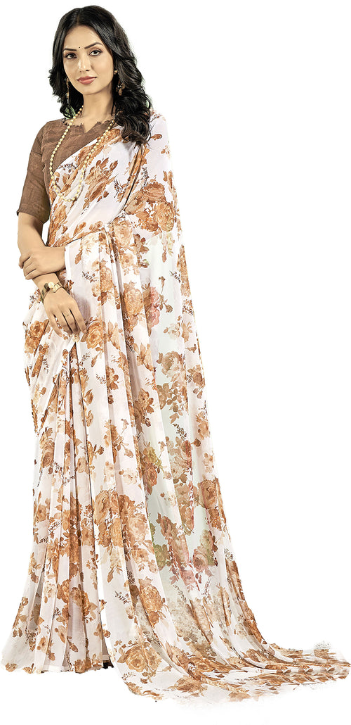 Contrast Flower Printed, Chiffon Saree (White & Blue)