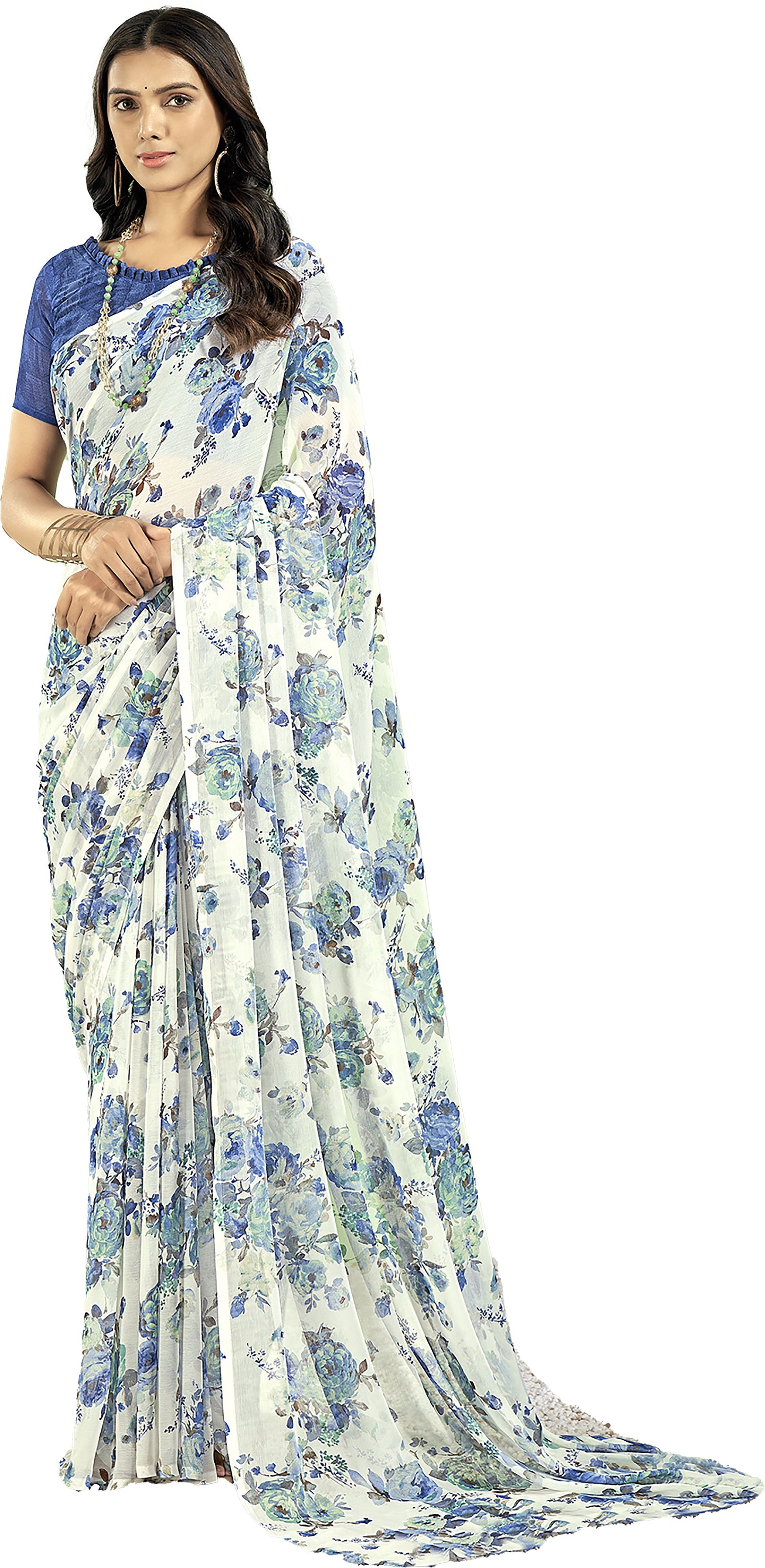 Floral Print Daily Wear Chiffon Saree (White & Blue)