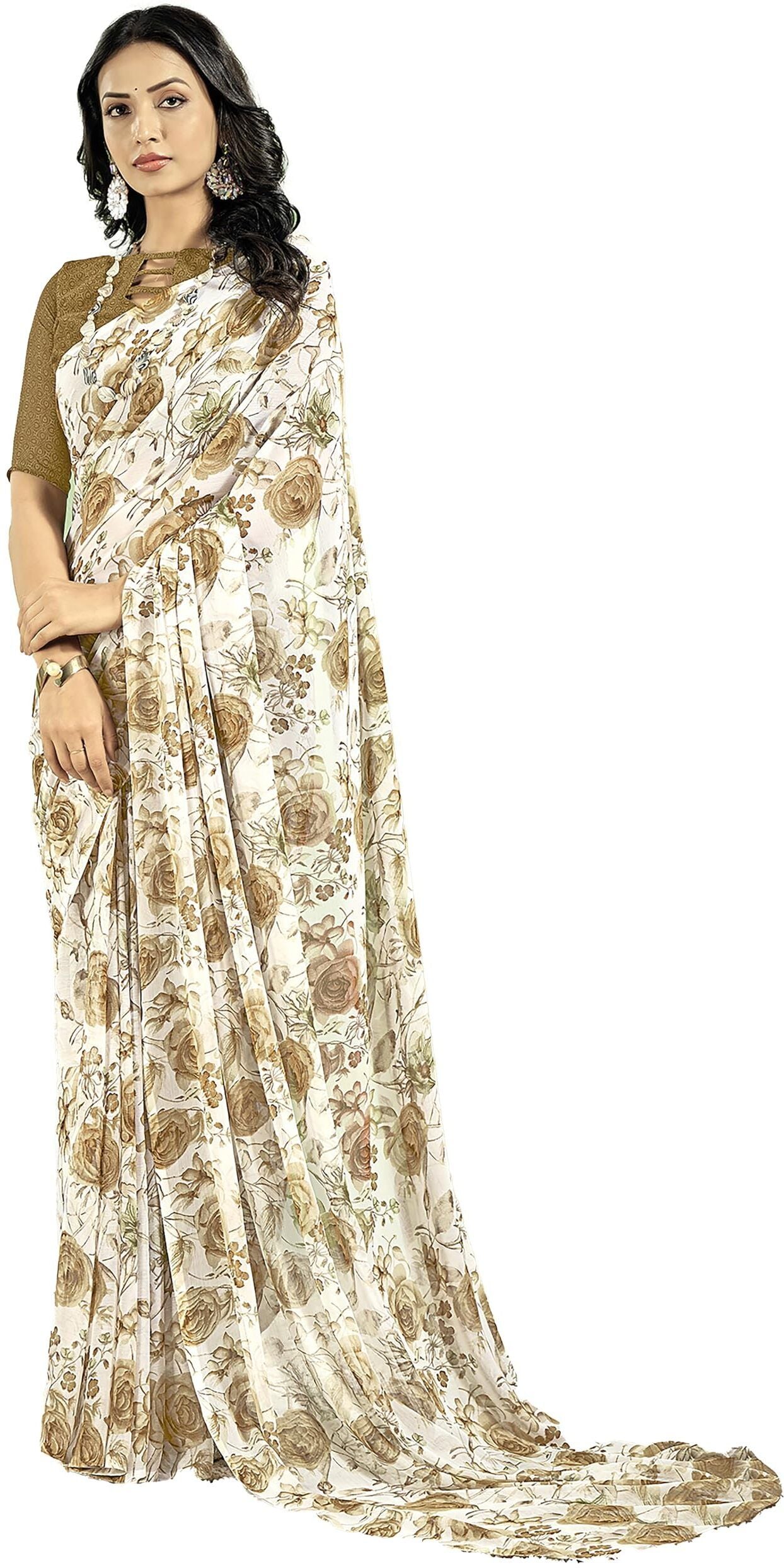 Floral Print Daily Wear Chiffon Saree (Off White)