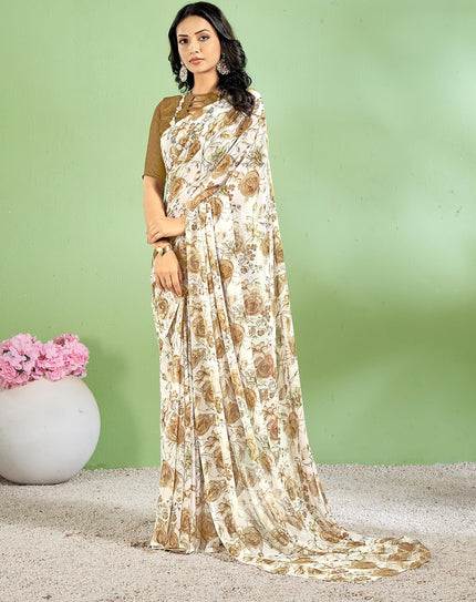 Floral Print Daily Wear Chiffon Saree (Off White)